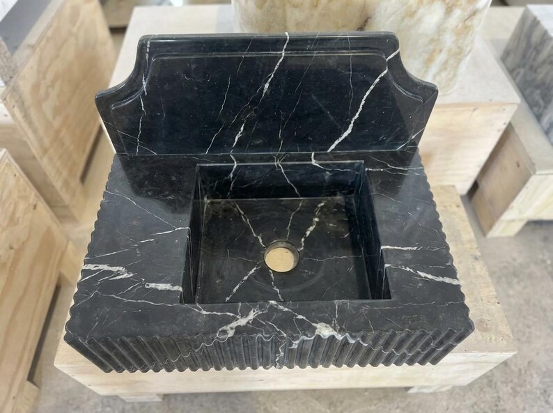 Handcarved Nero Marquina marble wall mounted sink by Marblyart, custom made to order — photo 13 of 14