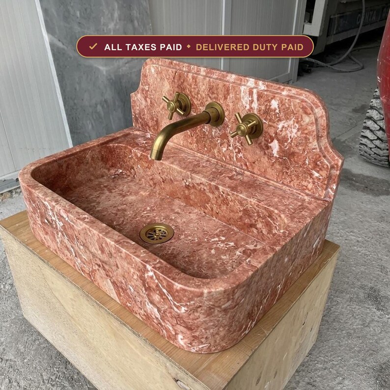 Handcarved red travertine marble wall mounted sink by Marblyart, custom made to order — photo 1 of 12