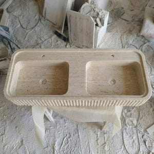 Beige Travertine fluted vessel sink — top-down view (photo 2)