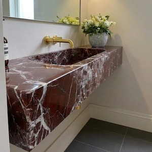 Handcarved Rosso Levanto marble floating vanity sink by Marblyart, custom made to order — photo 4 of 11