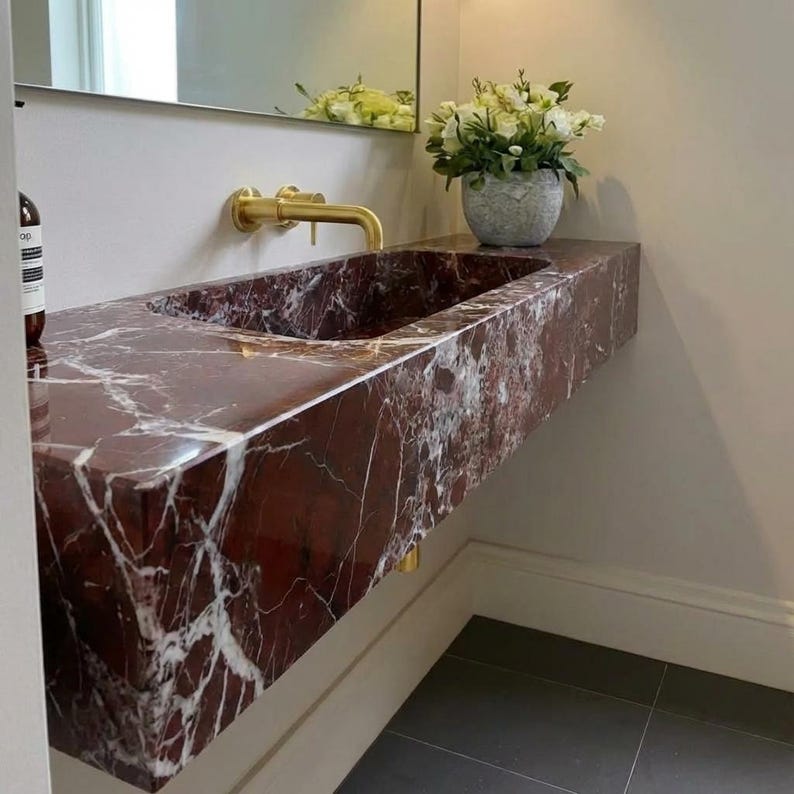Handcarved Rosso Levanto marble floating vanity sink by Marblyart, custom made to order — photo 4 of 11