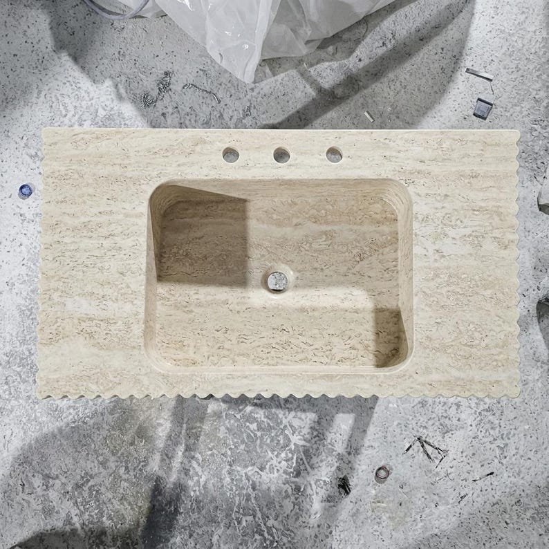 Beige Travertine square vessel sink — bird's eye view (photo 20)
