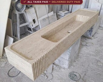 Beige Travertine Fluted Vessel Sink, Long Trough Single Basin Handcarved, Above Counter Bathroom