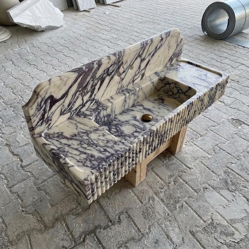 Calacatta Viola Marble square vessel sink — isometric three-quarter view (photo 8)
