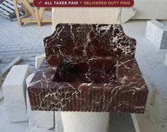Rosso Levanto Marble Sink, Fluted Wall Mounted Basin, Ribbed Red Stone Vanity with Backsplash, Custom Powder Room Decor, Wall Hung Washbasin