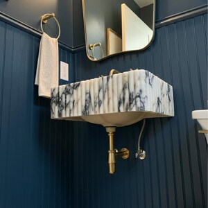 Handcarved Calacatta Viola marble wall mounted sink by Marblyart, custom made to order — photo 5 of 11