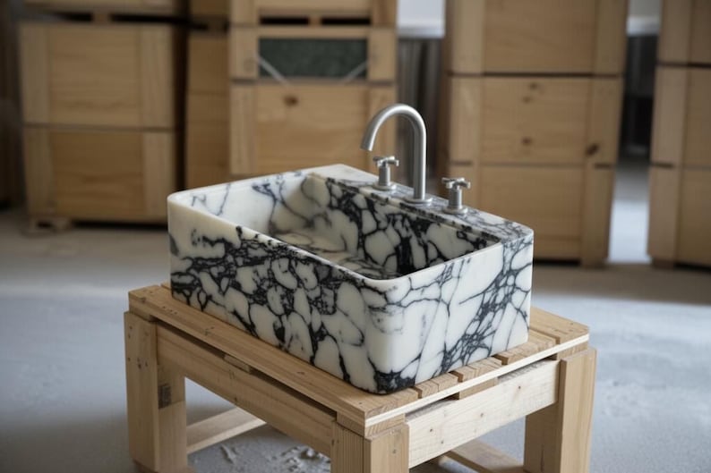 a marble-like sink with a silver faucet, placed on a wooden stand.