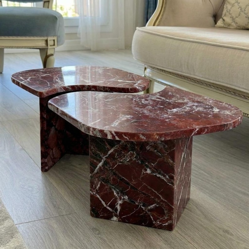 Handcarved Rosso Levanto marble coffee table by Marblyart, custom made to order — photo 6 of 11