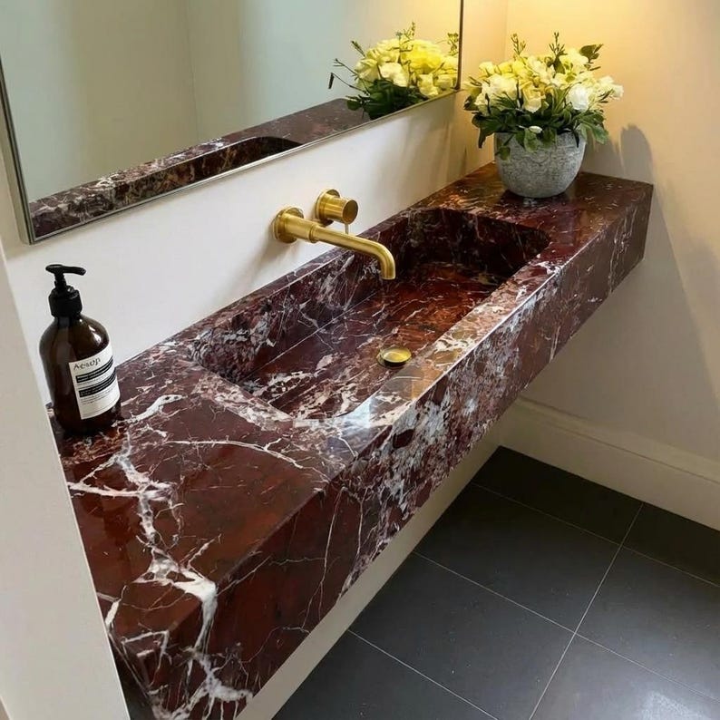 Handcarved Rosso Levanto marble floating vanity sink by Marblyart, custom made to order — photo 11 of 11