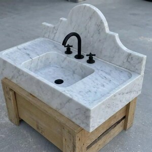 Handcarved Carrara marble floating vanity sink by Marblyart, custom made to order — photo 11 of 15