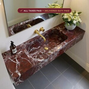 Red Marble Floating Sink, Rosso Levanto Washbasin, Modern Stone Vanity, Wall Mount Bathroom Sink, Custom Marble Basin, Hand Carved Sink