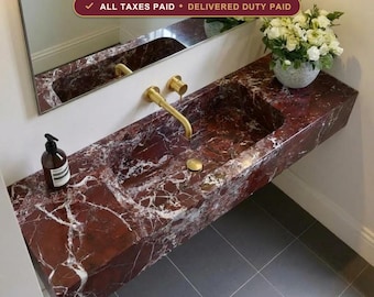 Red Marble Floating Sink, Rosso Levanto Washbasin, Modern Stone Vanity, Wall Mount Bathroom Sink, Custom Marble Basin, Hand Carved Sink