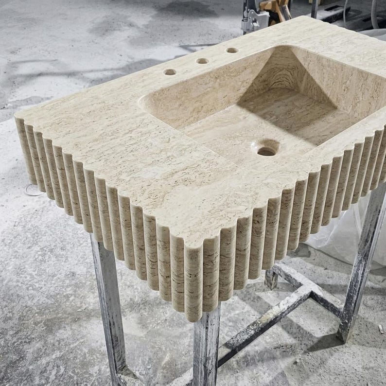 Beige Travertine square vessel sink — isometric three-quarter view (photo 8)