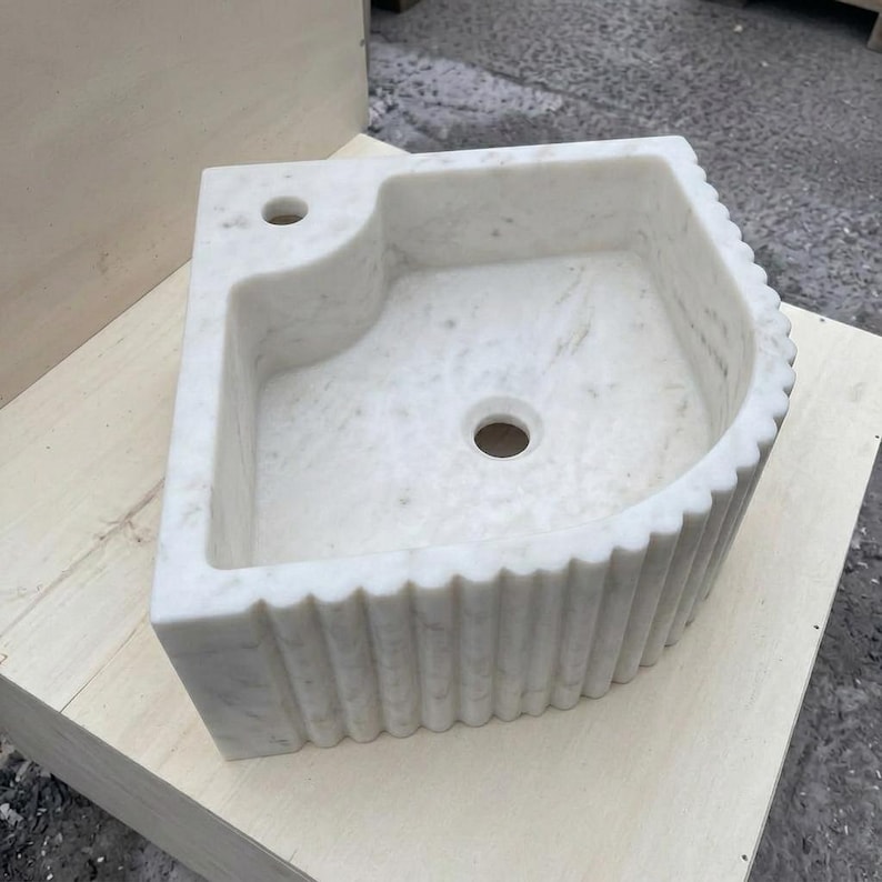Handcarved Carrara marble fluted vessel sink by Marblyart, custom made to order — photo 6 of 13
