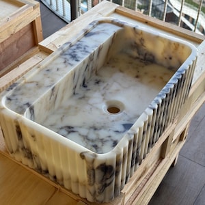 Handcarved Calacatta Viola marble fluted vessel sink by Marblyart, custom made to order — photo 5 of 11