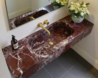 Red Marble Floating Sink, Rosso Levanto Washbasin, Modern Stone Vanity, Wall Mount Bathroom Sink, Custom Marble Basin, Hand Carved Sink