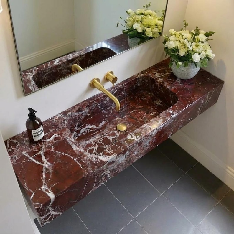 Handcarved Rosso Levanto marble floating vanity sink by Marblyart, custom made to order — photo 2 of 11