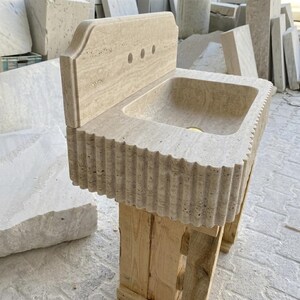 Beige Travertine square vessel sink — low-angle view (photo 15)