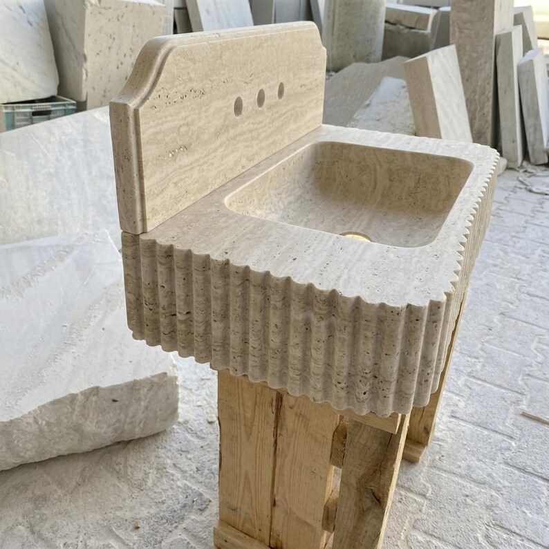 Beige Travertine square vessel sink — low-angle view (photo 15)