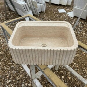 Handcarved beige travertine marble vessel sink by Marblyart, custom made to order — photo 8 of 13