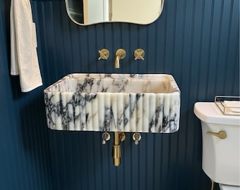 Customs Duty Included – No Extra Fees, Custom Size Handcarved Calacatta Viola Marble Sink, Wall Mounted Marble Sink