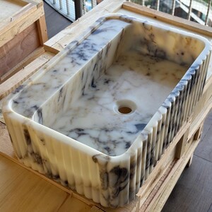 Handcarved Calacatta Viola marble fluted vessel sink by Marblyart, custom made to order — photo 4 of 11