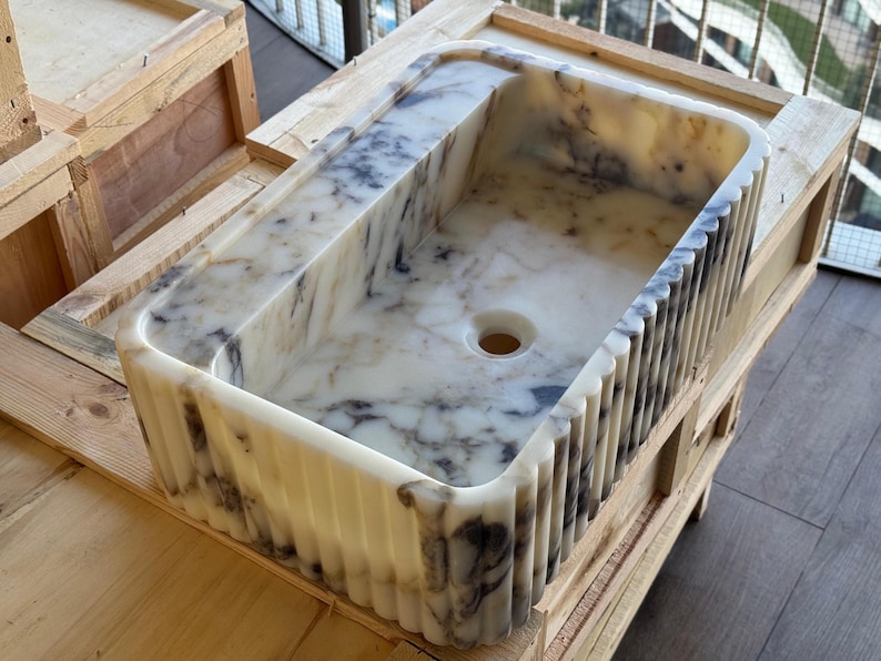 Handcarved Calacatta Viola marble fluted vessel sink by Marblyart, custom made to order — photo 4 of 11