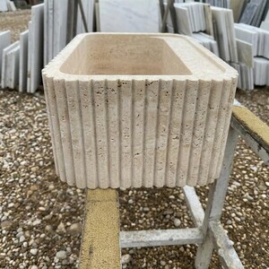 Handcarved beige travertine marble vessel sink by Marblyart, custom made to order — photo 10 of 13