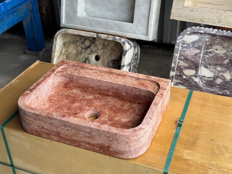 Handcarved red travertine marble vessel sink by Marblyart, custom made to order — photo 12 of 15