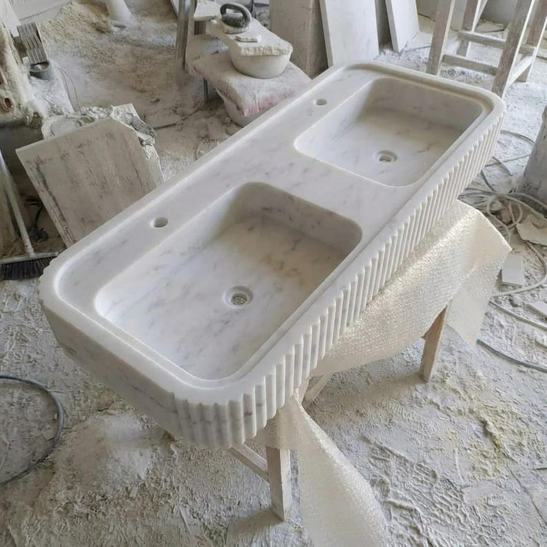 Carrara White Marble fluted vessel sink — high-angle view (photo 4)