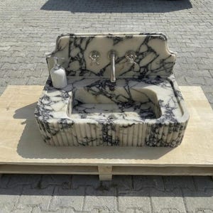 Handcarved Calacatta Viola marble vessel sink by Marblyart, custom made to order — photo 8 of 14