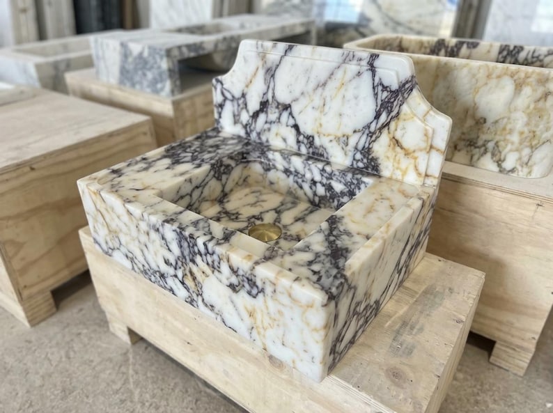 Handcarved natural marble marble floating vanity sink by Marblyart, custom made to order — photo 4 of 11