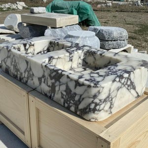 Handcarved Calacatta Viola marble double basin sink by Marblyart, custom made to order — photo 8 of 12