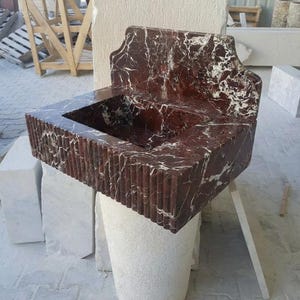 Handcarved Rosso Levanto marble wall mounted sink by Marblyart, custom made to order — photo 7 of 9