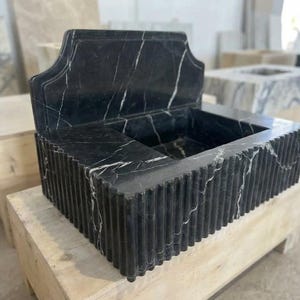 Handcarved Nero Marquina marble wall mounted sink by Marblyart, custom made to order — photo 14 of 14