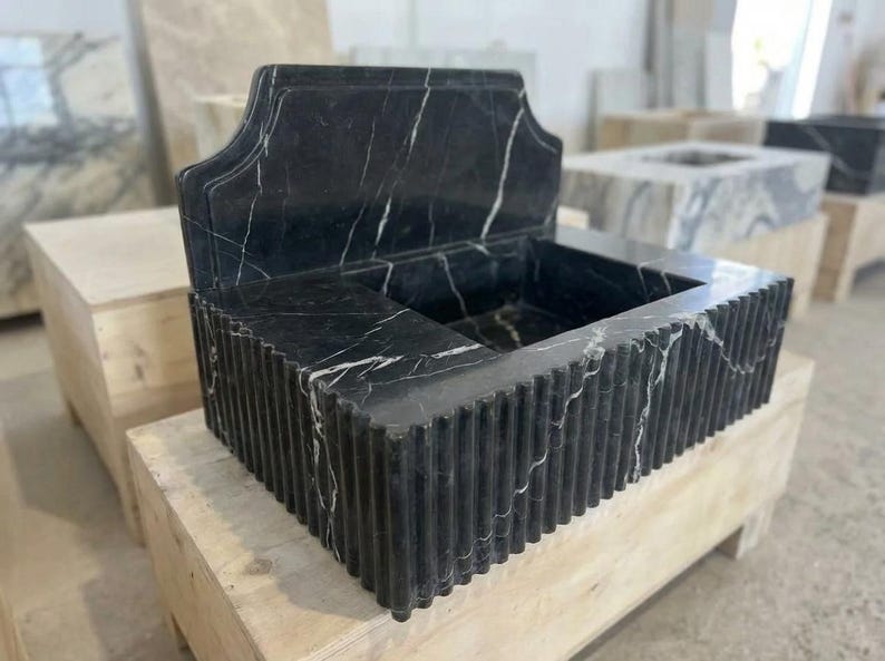 Handcarved Nero Marquina marble wall mounted sink by Marblyart, custom made to order — photo 14 of 14