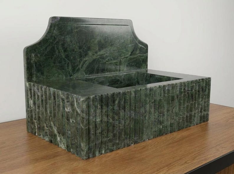 Handcarved Verde green marble wall mounted sink by Marblyart, custom made to order — photo 12 of 14
