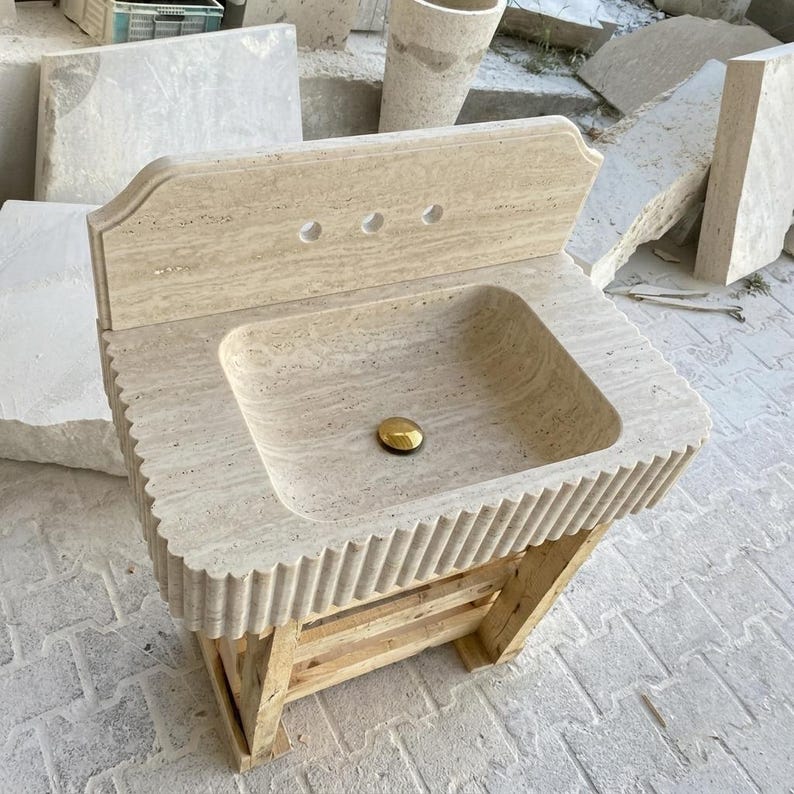 Beige Travertine square vessel sink — product photograph