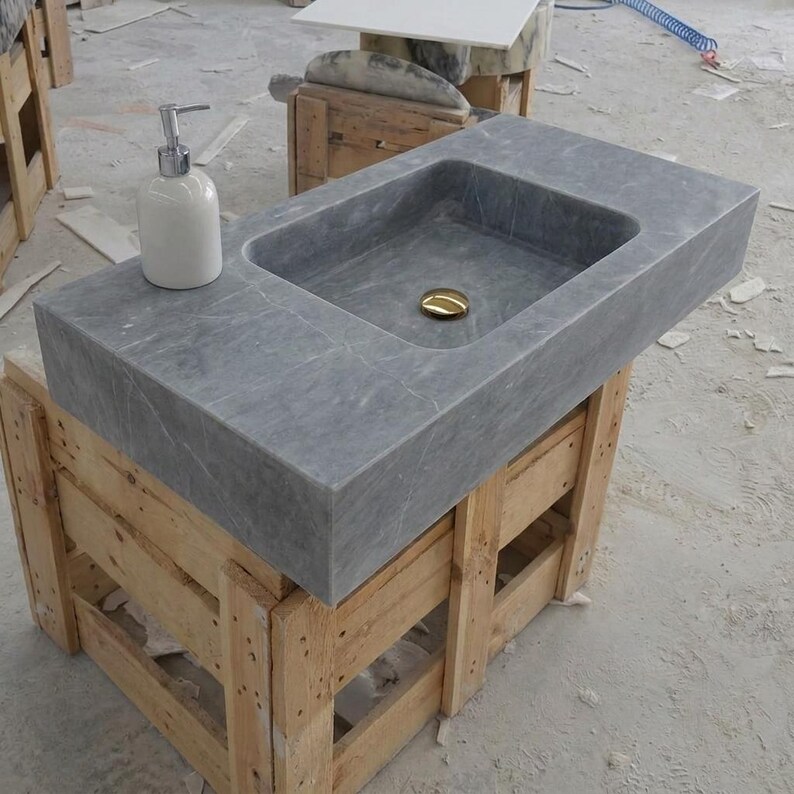 Thundra Gray Marble square vessel sink — isometric three-quarter view (photo 7)