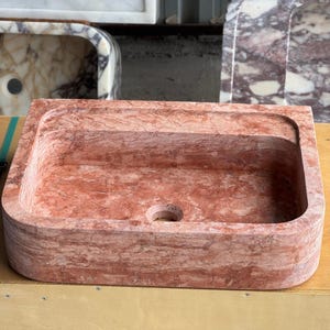 Handcarved red travertine marble vessel sink by Marblyart, custom made to order — photo 10 of 15