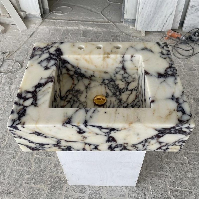 Calacatta Viola Marble square vessel sink — front view (photo 9)