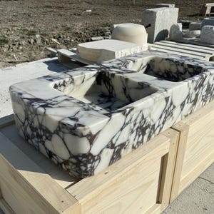 Handcarved Calacatta Viola marble double basin sink by Marblyart, custom made to order — photo 11 of 12