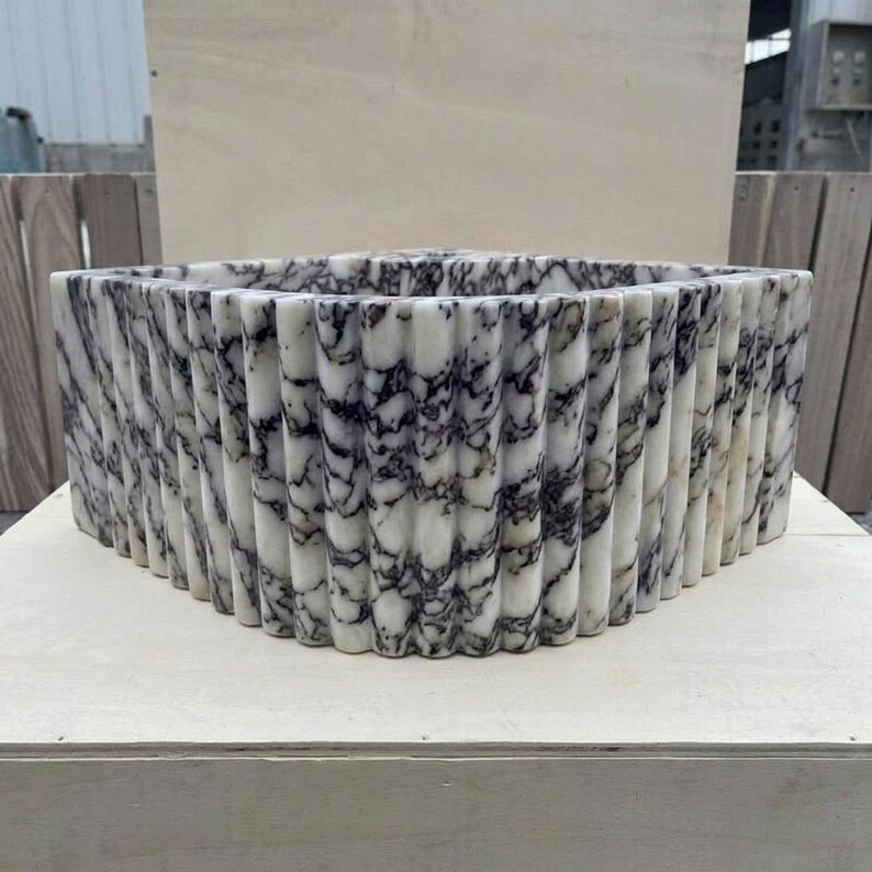 Calacatta Viola Marble fluted vessel sink — front view