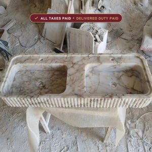 Calacatta Gold Double Sink – Fluted Front Marble Vanity Sink – 18″x48″, Luxury Natural Stone Bathroom Basin, Custom Handcrafted Solid Marble image 1
