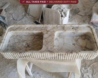 Lavabo double Calacatta Gold - Lavabo en marbre à façade cannelée - 18 x 48 po, Lavabo de luxe en pierre naturelle, Marbre massif fabriqué à la main sur mesure