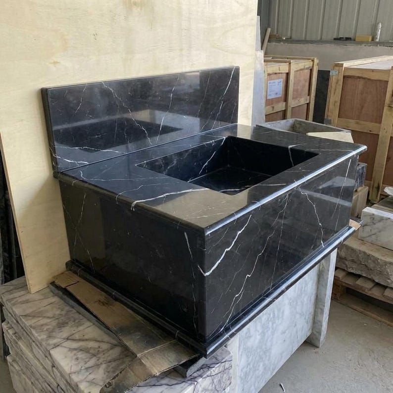 Handcarved Nero Marquina marble wall mounted sink by Marblyart, custom made to order — photo 8 of 13