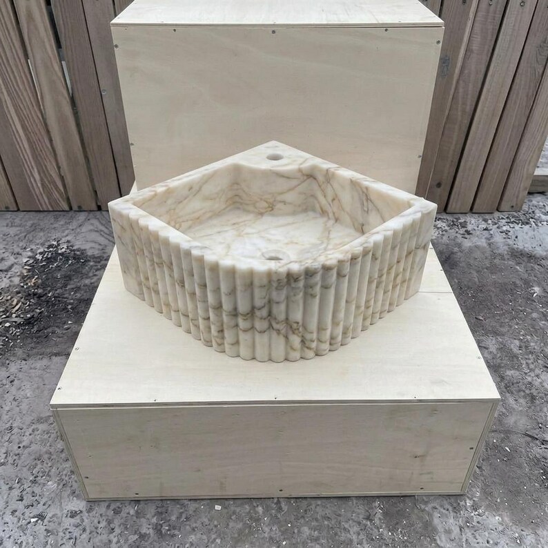 Calacatta Gold Marble fluted vessel sink — full wide shot (photo 14)