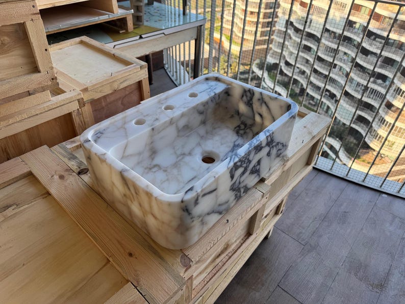 Handcarved Calacatta Viola marble vessel sink by Marblyart, custom made to order — photo 3 of 7