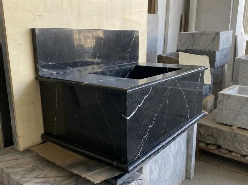 Handcarved Nero Marquina marble wall mounted sink by Marblyart, custom made to order — photo 6 of 13