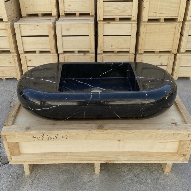 Nero Marquina Marble round vessel sink — front view (photo 2)